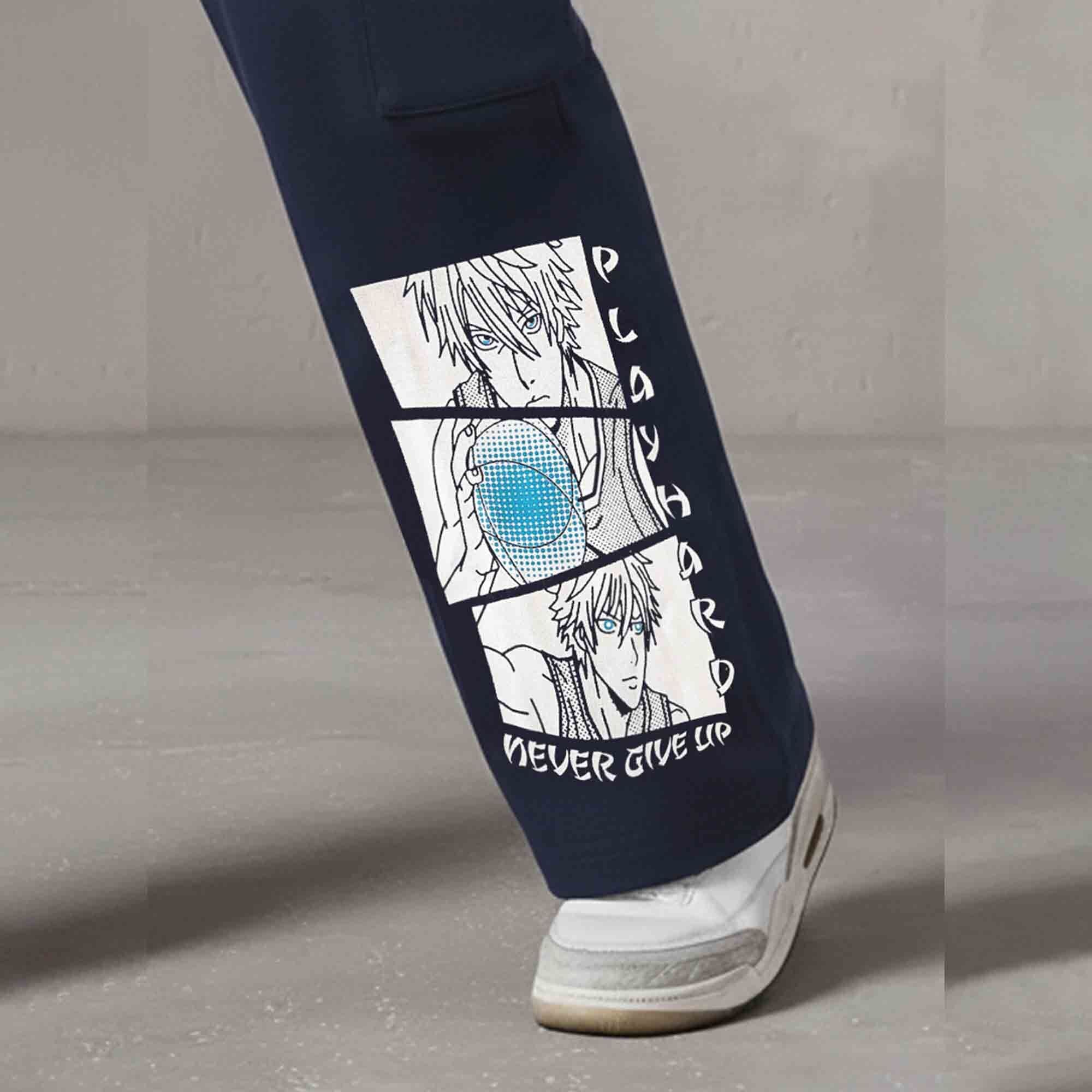 Men Multi Pockets Anime Printed Baggy Cargo Navyblue