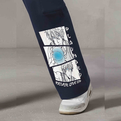Men Multi Pockets Anime Printed Baggy Cargo Navyblue
