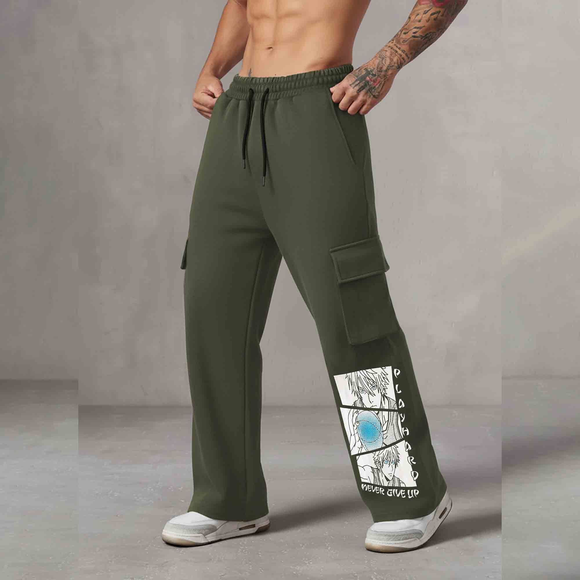 Men Multi Pockets Anime Printed Baggy Cargo Olivegreen
