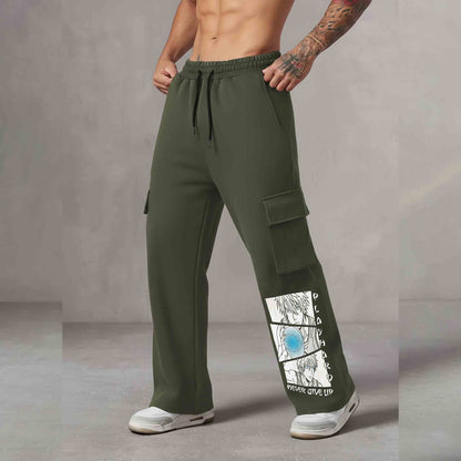 Men Multi Pockets Anime Printed Baggy Cargo Olivegreen