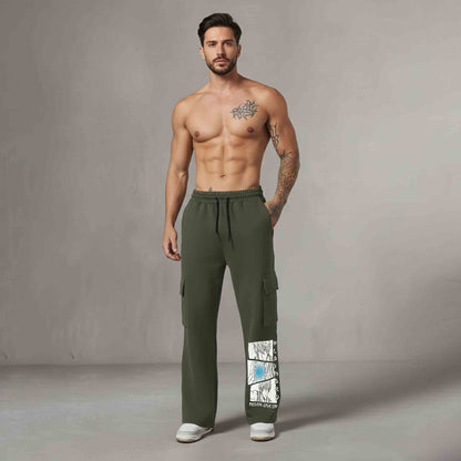 Men Multi Pockets Anime Printed Baggy Cargo Olivegreen