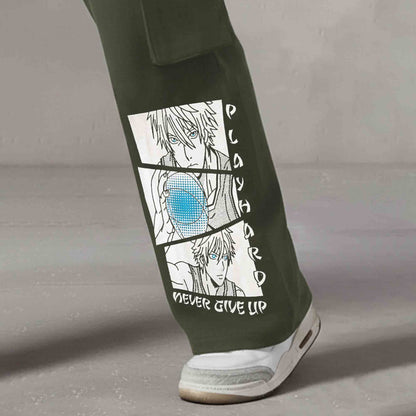 Men Multi Pockets Anime Printed Baggy Cargo Olivegreen