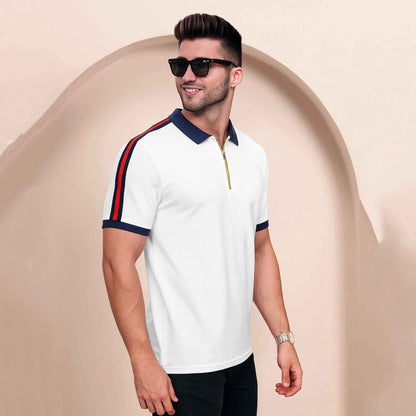 Half Sleeve Polo Zip Type White Contrast Collar T-shirt