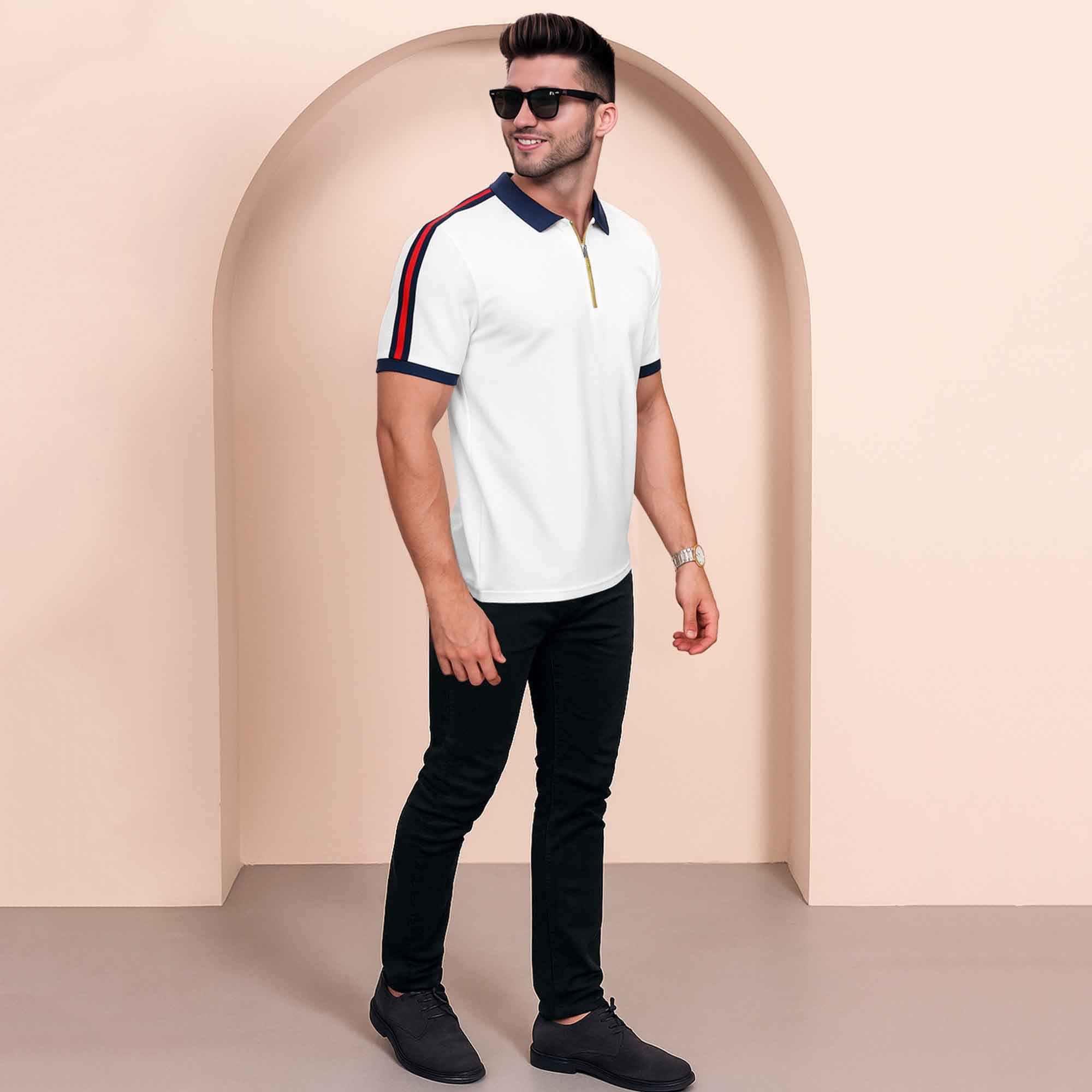 Half Sleeve Polo Zip Type White Contrast Collar T-shirt