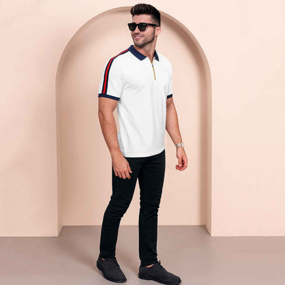 Half Sleeve Polo Zip Type White Contrast Collar T-shirt