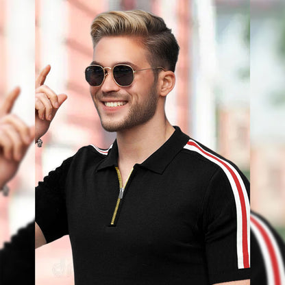 Half Sleeve Polo Quarter Zip Type Black T-shirt