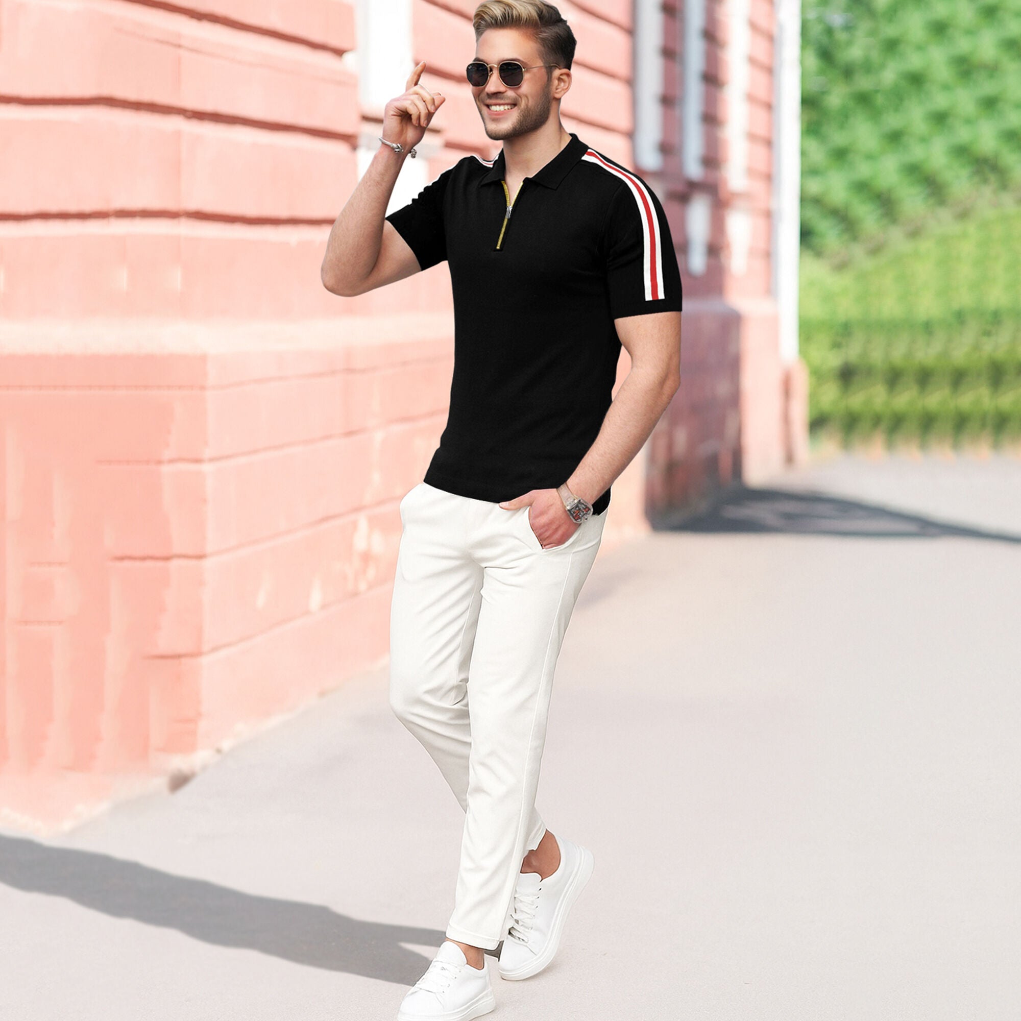 Half Sleeve Polo Quarter Zip Type Black T-shirt