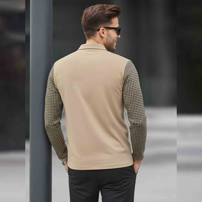 Men Quarter Zip Polo Neck Dual Color Printed T-SHIRT Beige & Black