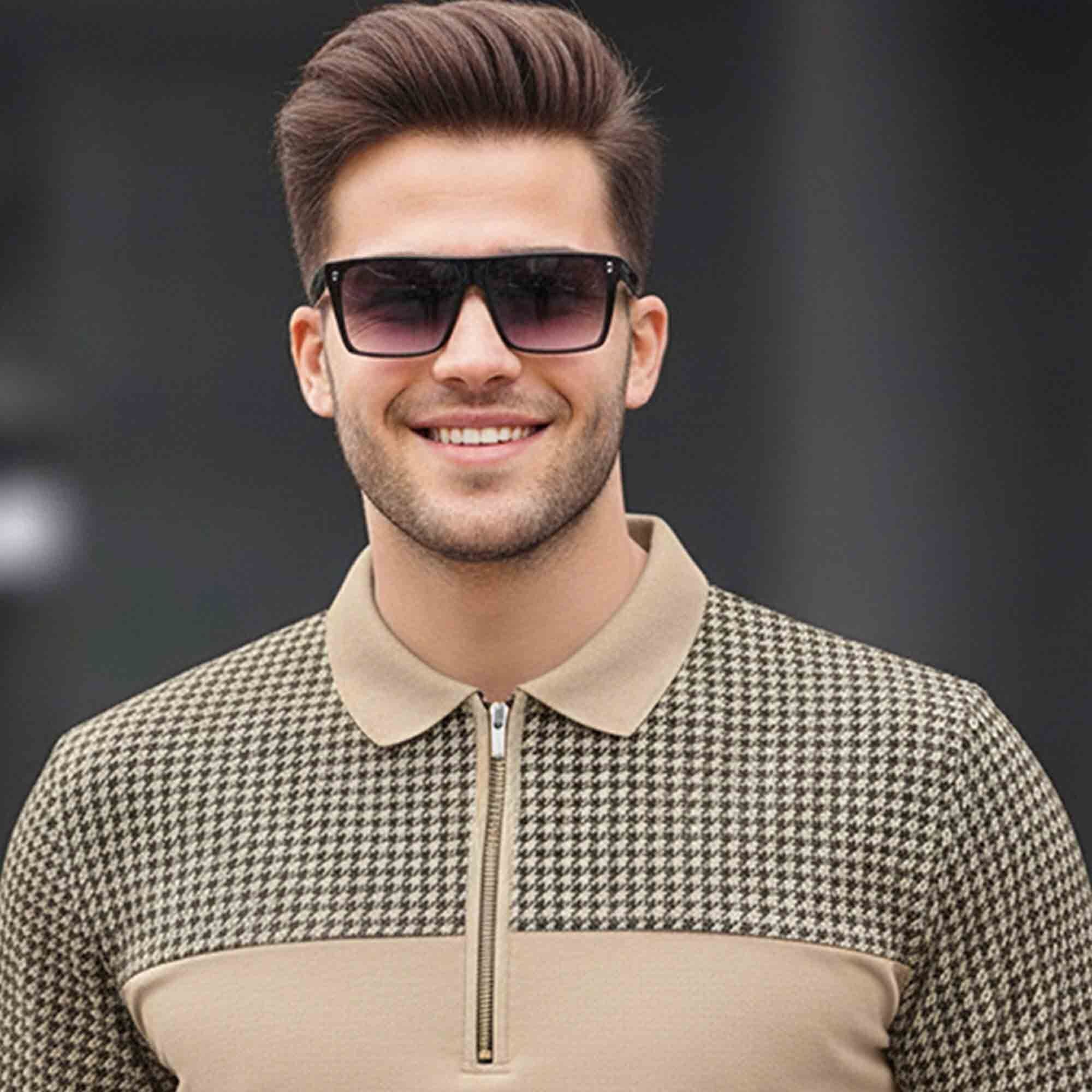 Men Quarter Zip Polo Neck Dual Color Printed T-SHIRT Beige & Black