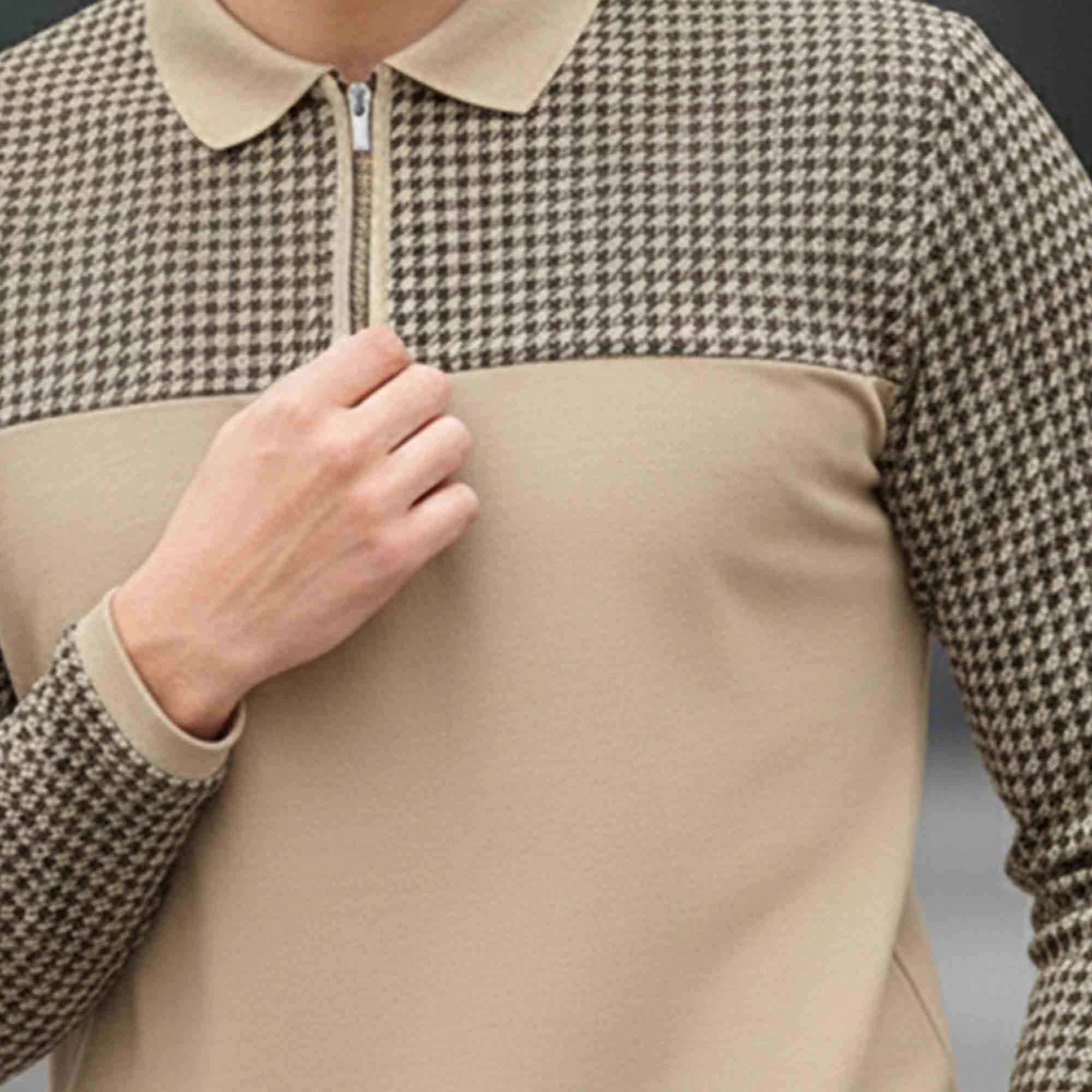 Men Quarter Zip Polo Neck Dual Color Printed T-SHIRT Beige & Black