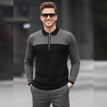 Men Quarter Zip Polo Neck Dual Color Printed T-SHIRT Black & Grey