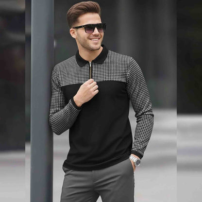 Men Quarter Zip Polo Neck Dual Color Printed T-SHIRT Black & Grey