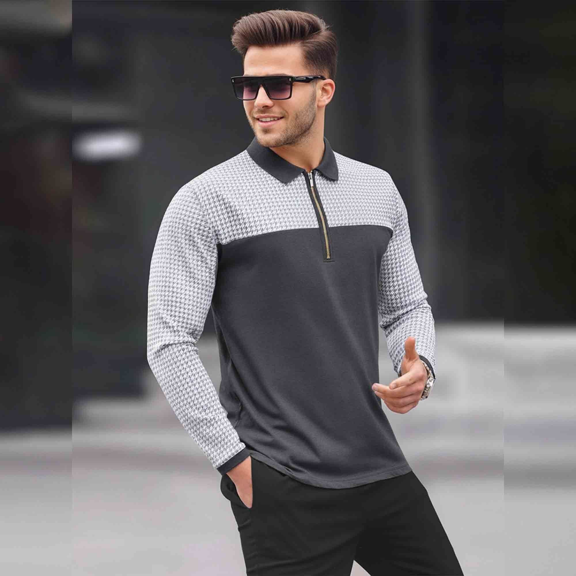 Men Quarter Zip Polo Neck Dual Color Printed T-SHIRT Darkgrey & White