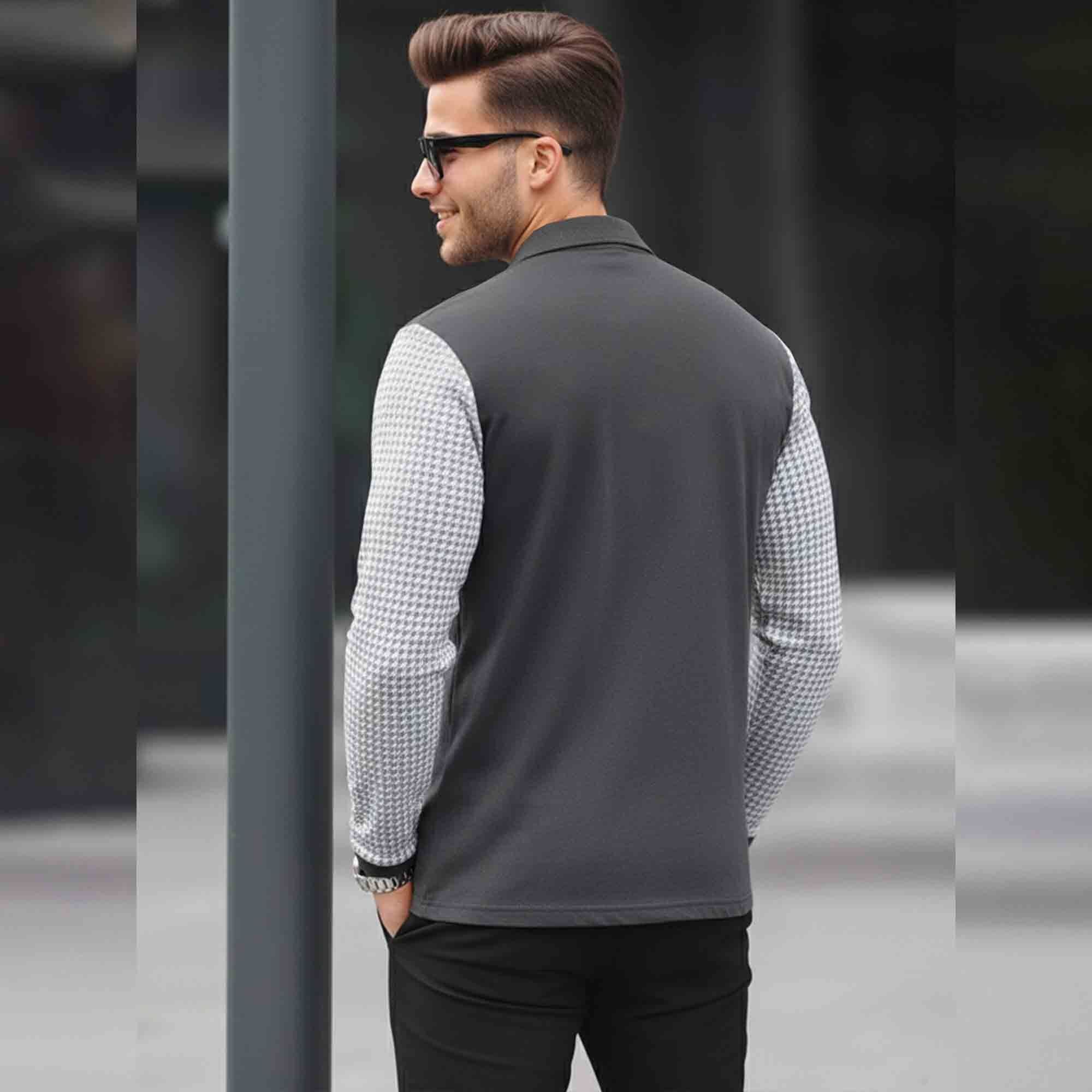 Men Quarter Zip Polo Neck Dual Color Printed T-SHIRT Darkgrey & White