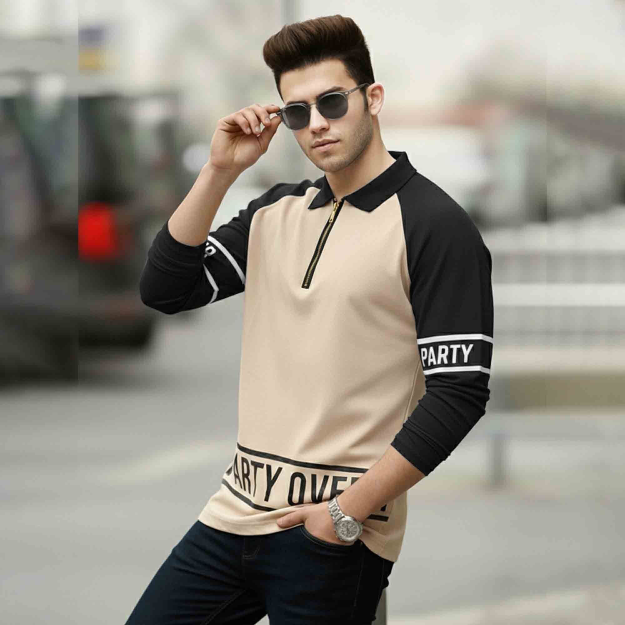 Men Quarter Zip Polo Neck Printed Full Sleeve T-shirt Beige & Black