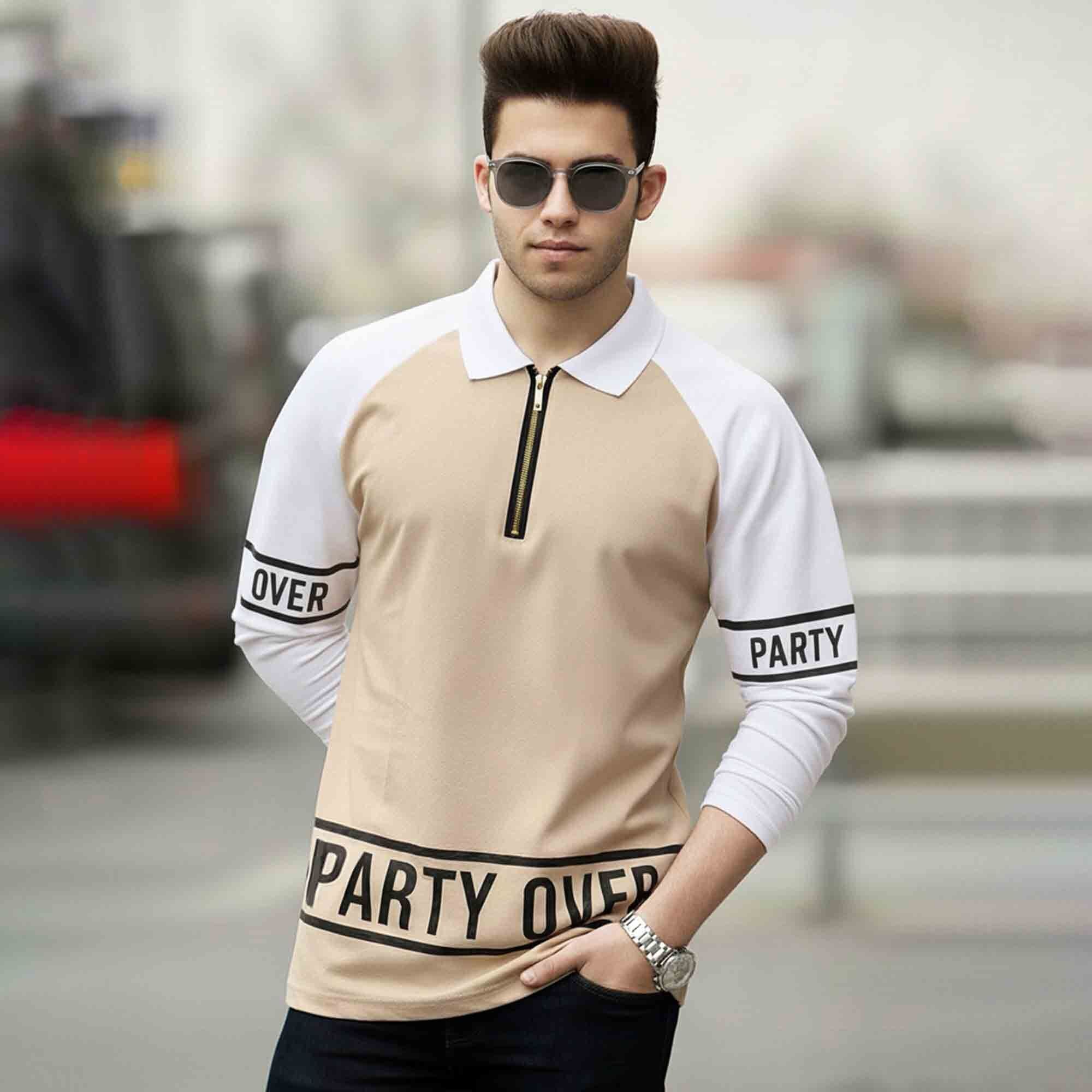Men Quarter Zip Polo Neck Printed Full Sleeve T-shirt Beige & White