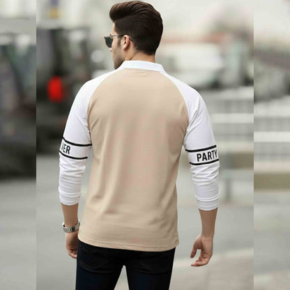 Men Quarter Zip Polo Neck Printed Full Sleeve T-shirt Beige & White