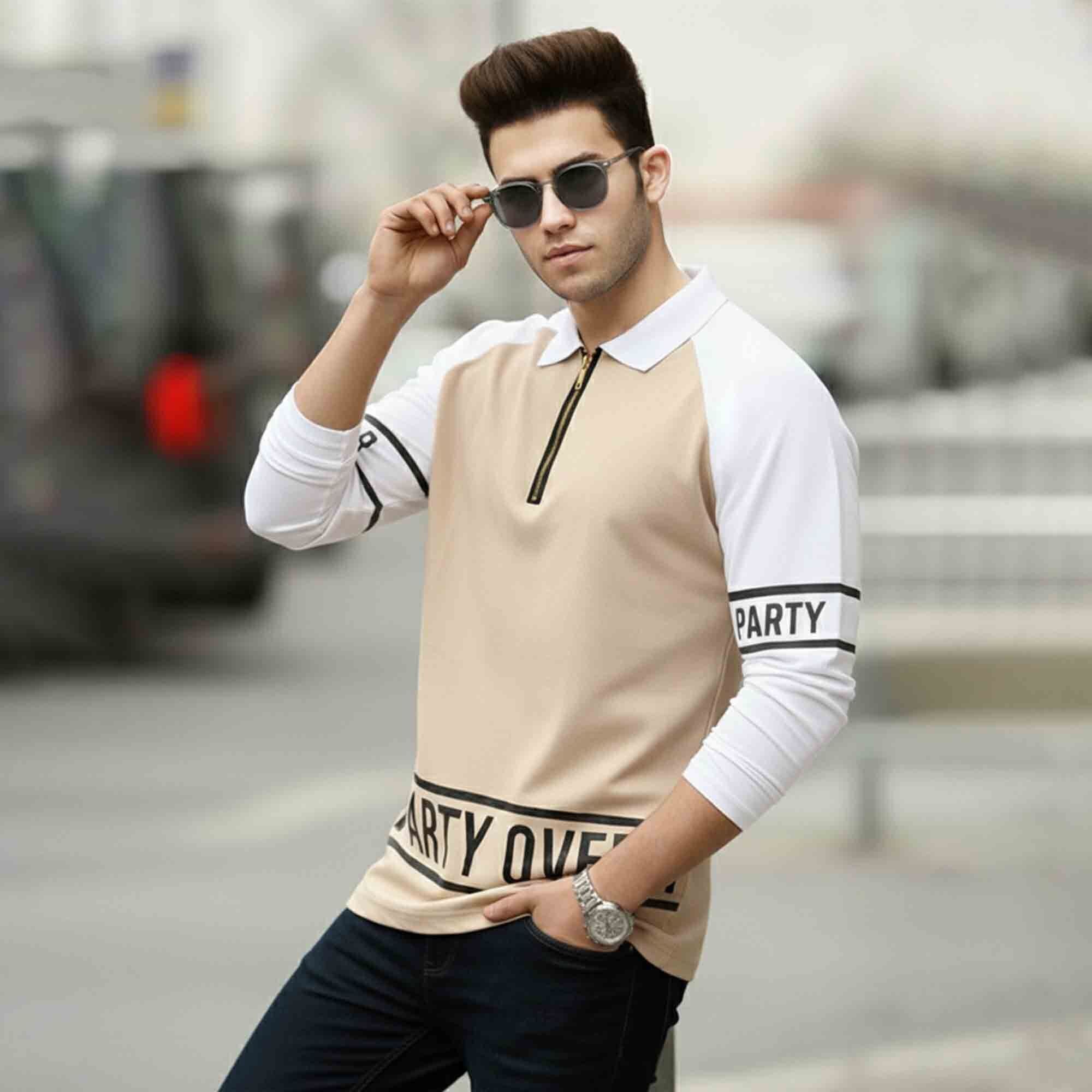 Men Quarter Zip Polo Neck Printed Full Sleeve T-shirt Beige & White