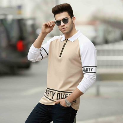 Men Quarter Zip Polo Neck Printed Full Sleeve T-shirt Beige & White