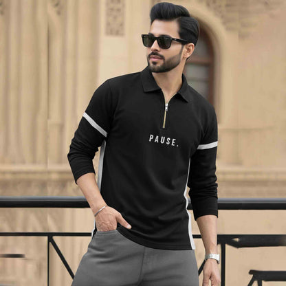 Men Quarter Zip Polo Neck Dual Color T-SHIRT Black & Grey