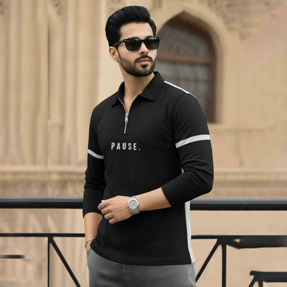 Men Quarter Zip Polo Neck Dual Color T-SHIRT Black & Grey