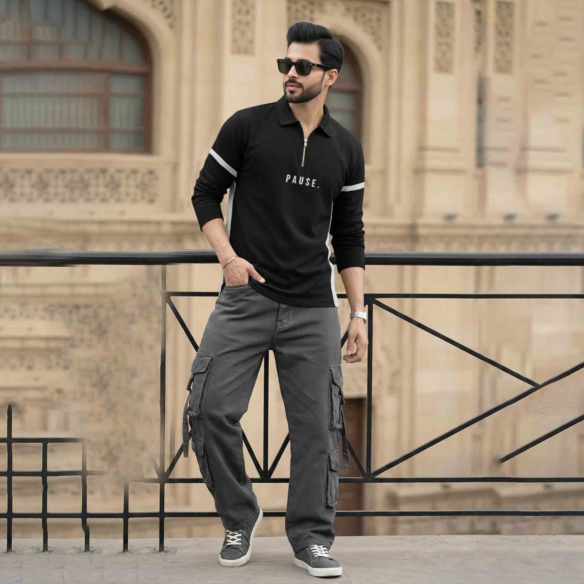 Men Quarter Zip Polo Neck Dual Color T-SHIRT Black & Grey