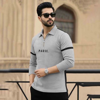 Men Quarter Zip Polo Neck Dual Color T-SHIRT Grey & Black