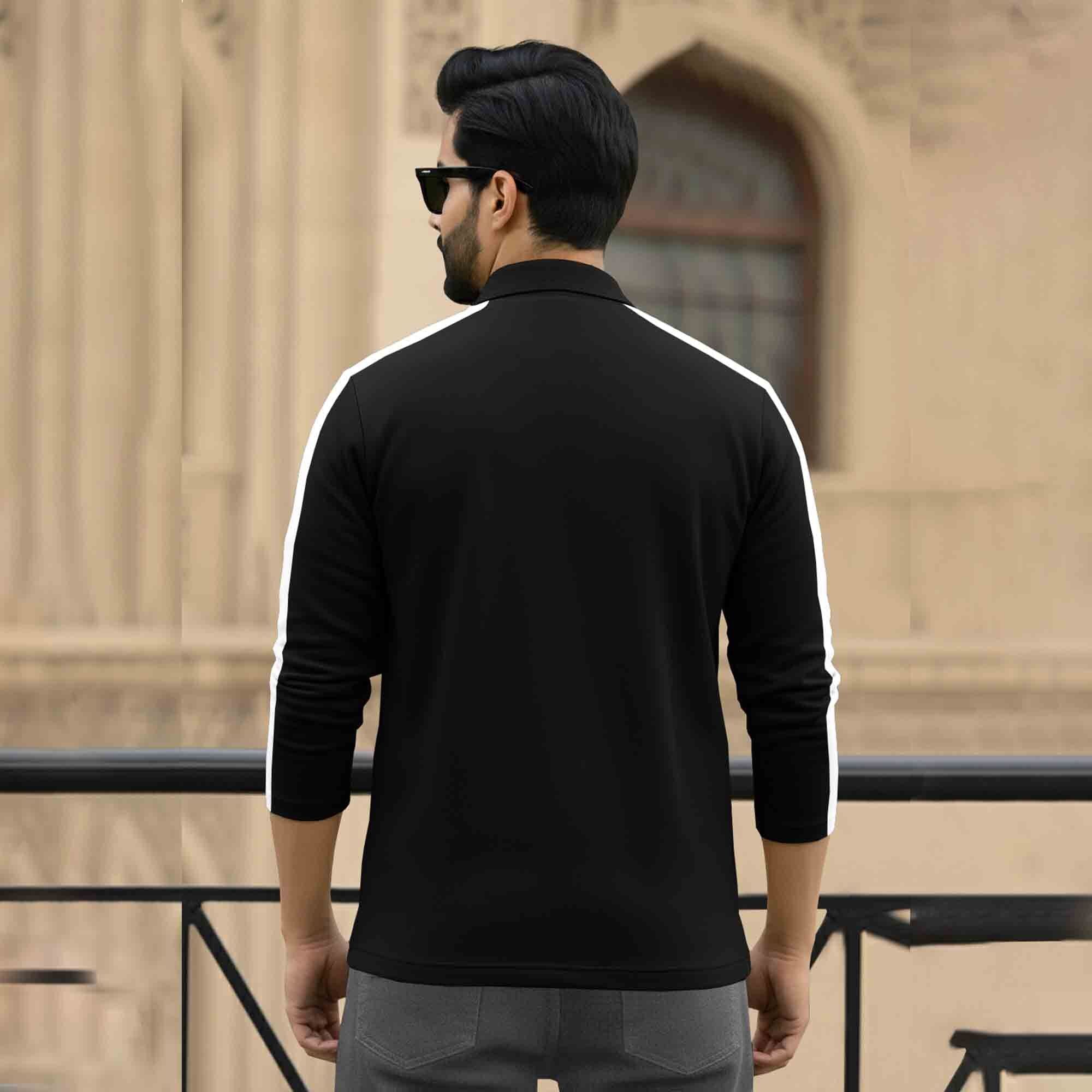 Men Quarter Zip Polo Neck Printed T-SHIRT Black & White