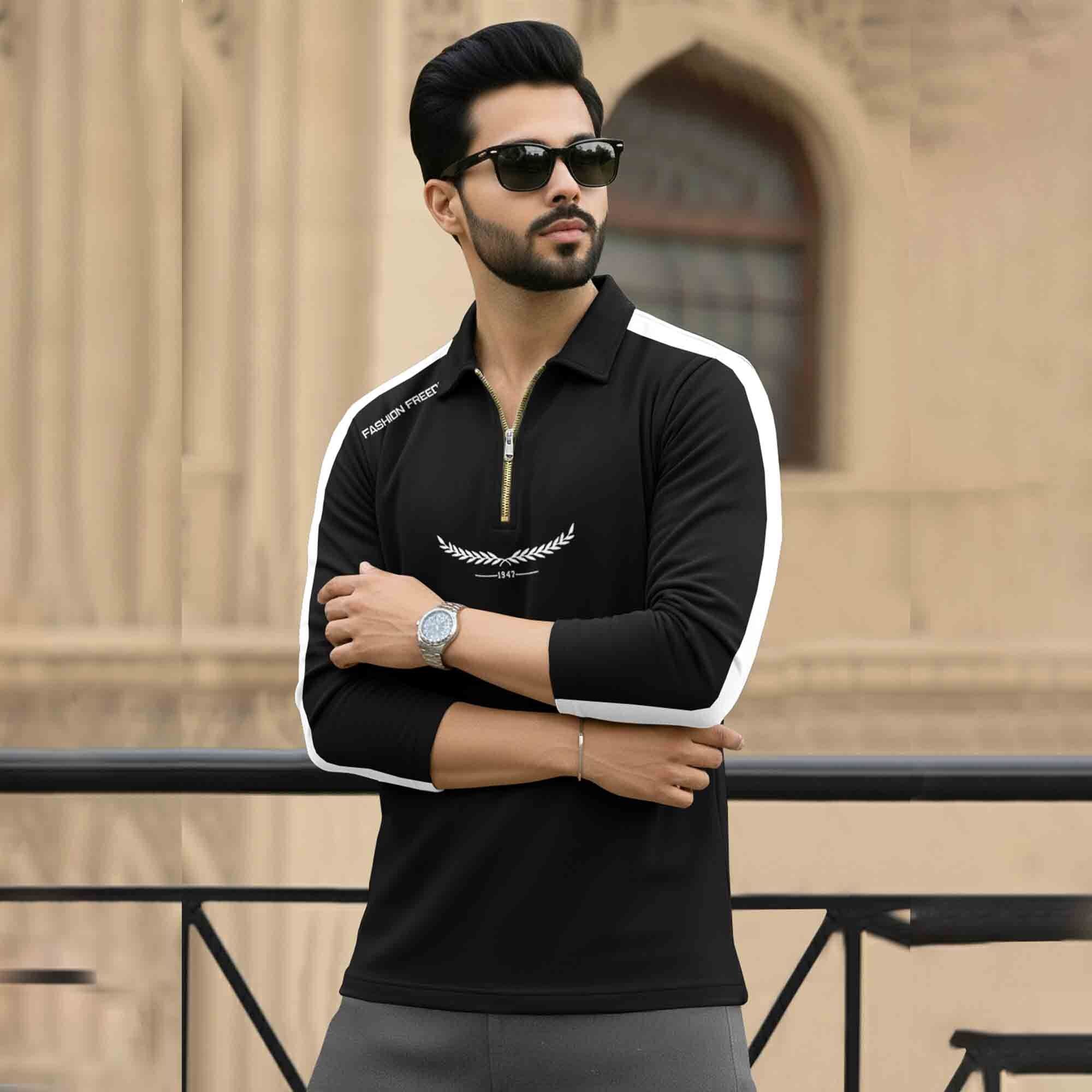 Men Quarter Zip Polo Neck Printed T-SHIRT Black & White