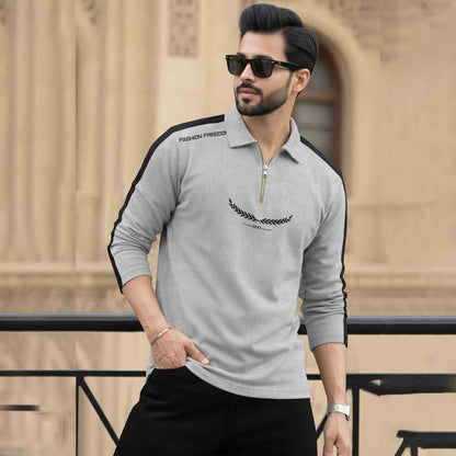 Men Quarter Zip Polo Neck Printed T-SHIRT Grey & Black