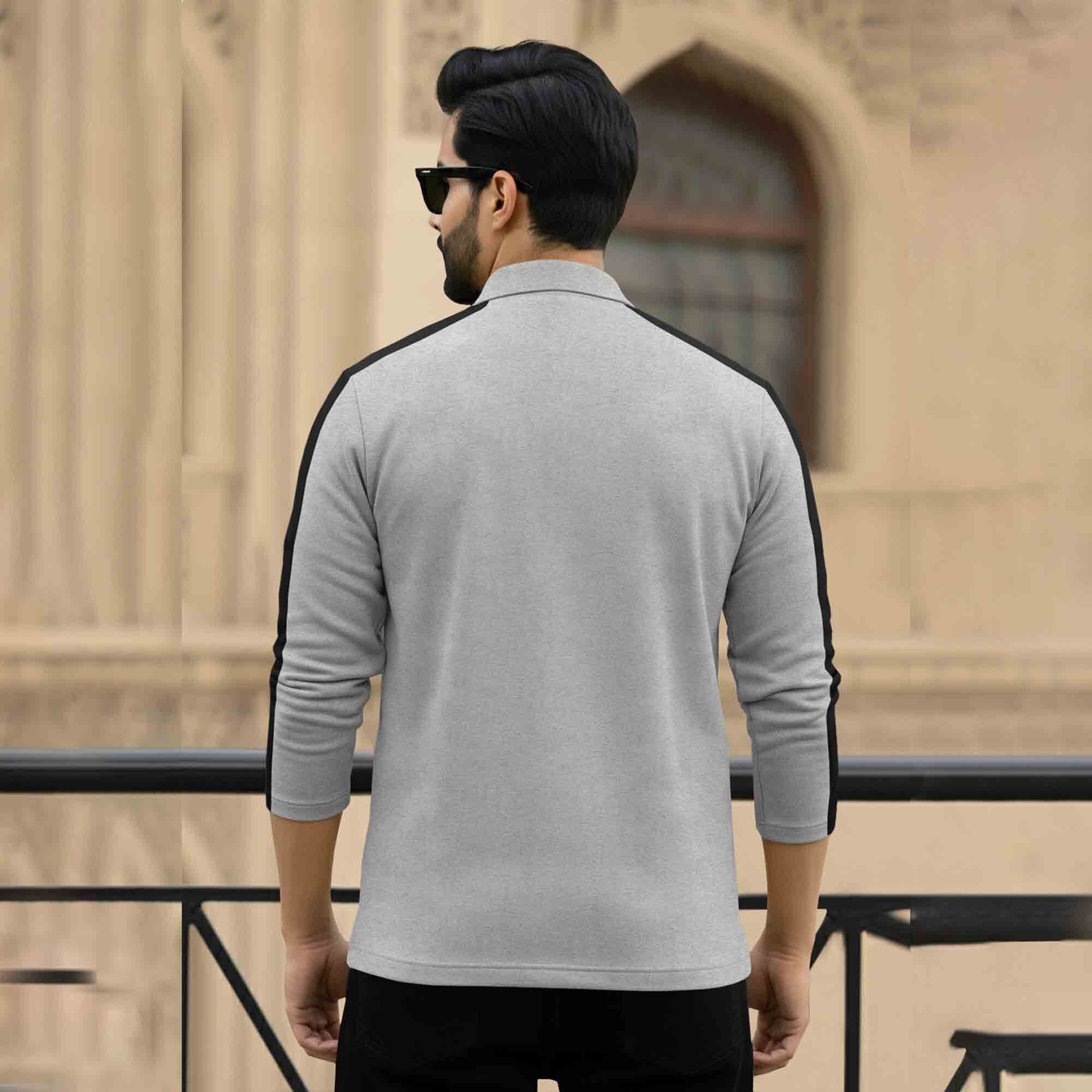 Men Quarter Zip Polo Neck Printed T-SHIRT Grey & Black