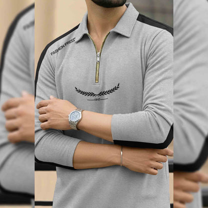 Men Quarter Zip Polo Neck Printed T-SHIRT Grey & Black