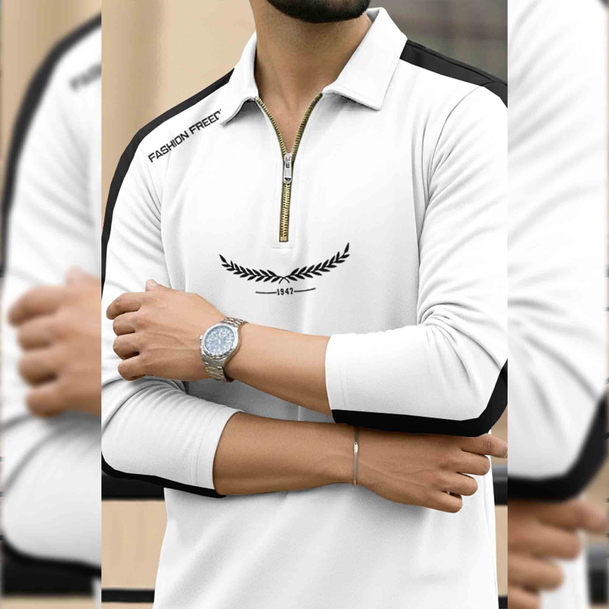 Men Quarter Zip Polo Neck Printed T-SHIRT White & Black