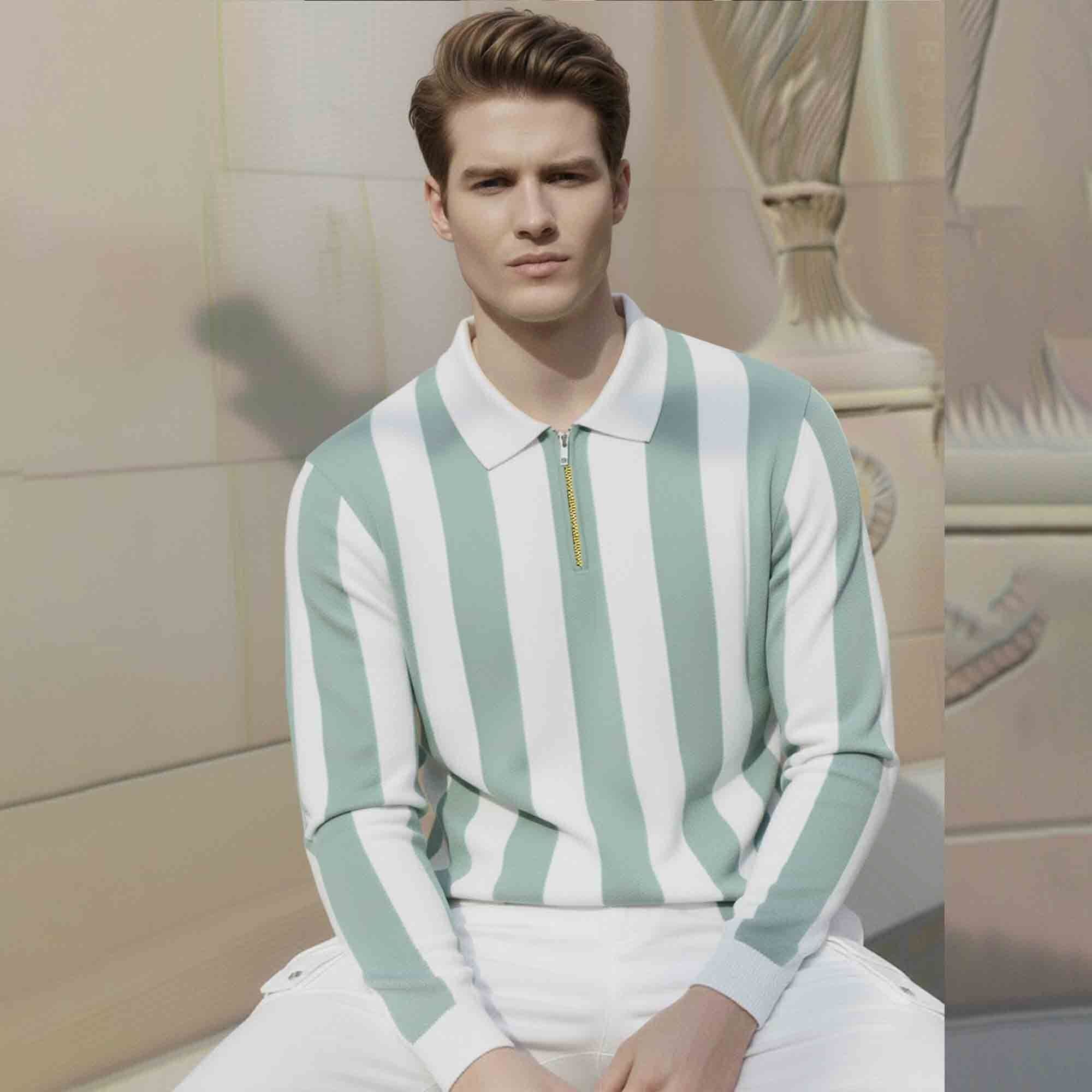 Quarter Zip Striped Polo Neck Full Sleeve Tshirt White & Lightgreen