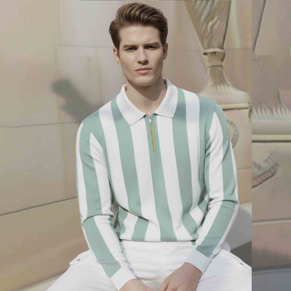 Quarter Zip Striped Polo Neck Full Sleeve Tshirt White & Lightgreen