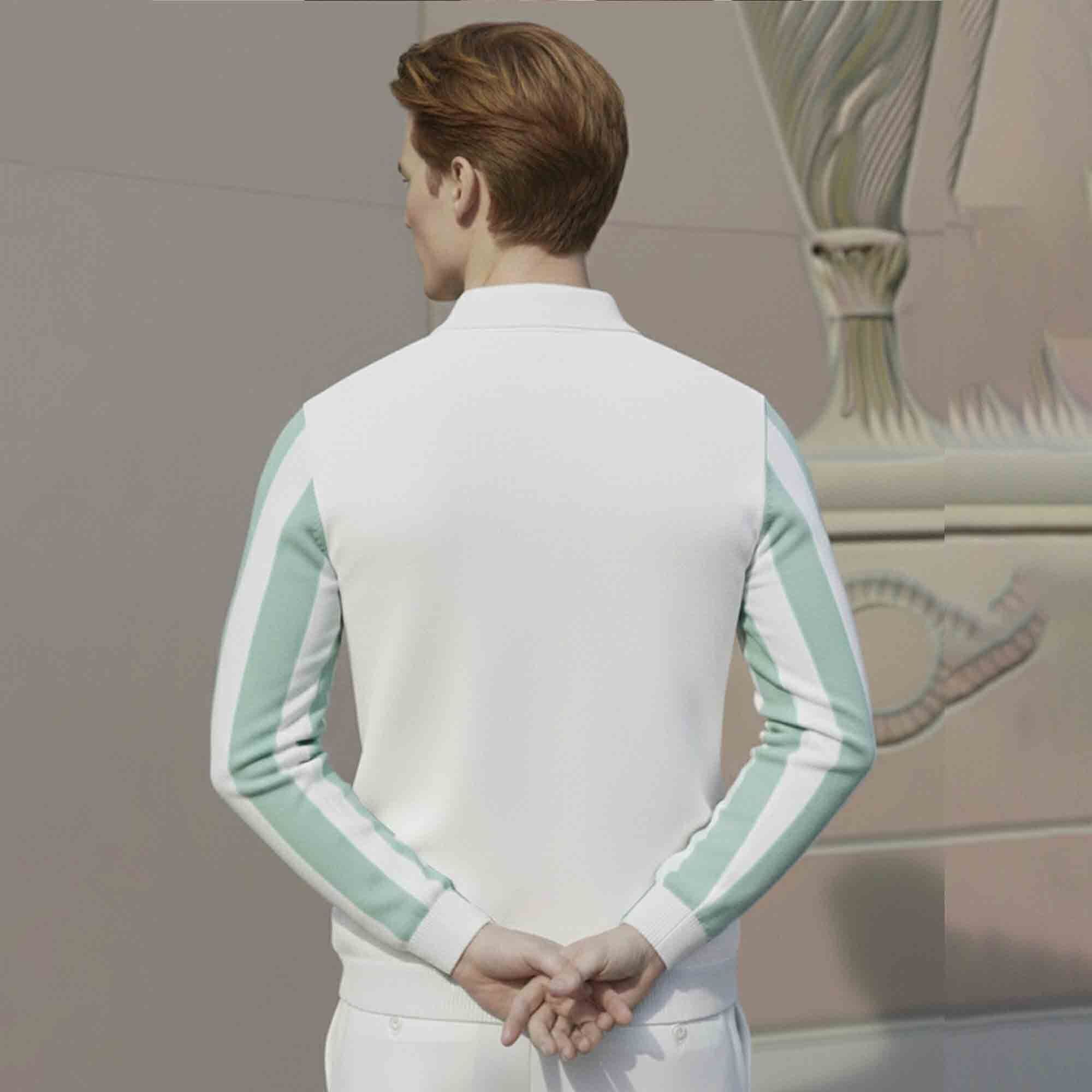 Quarter Zip Striped Polo Neck Full Sleeve Tshirt White & Lightgreen