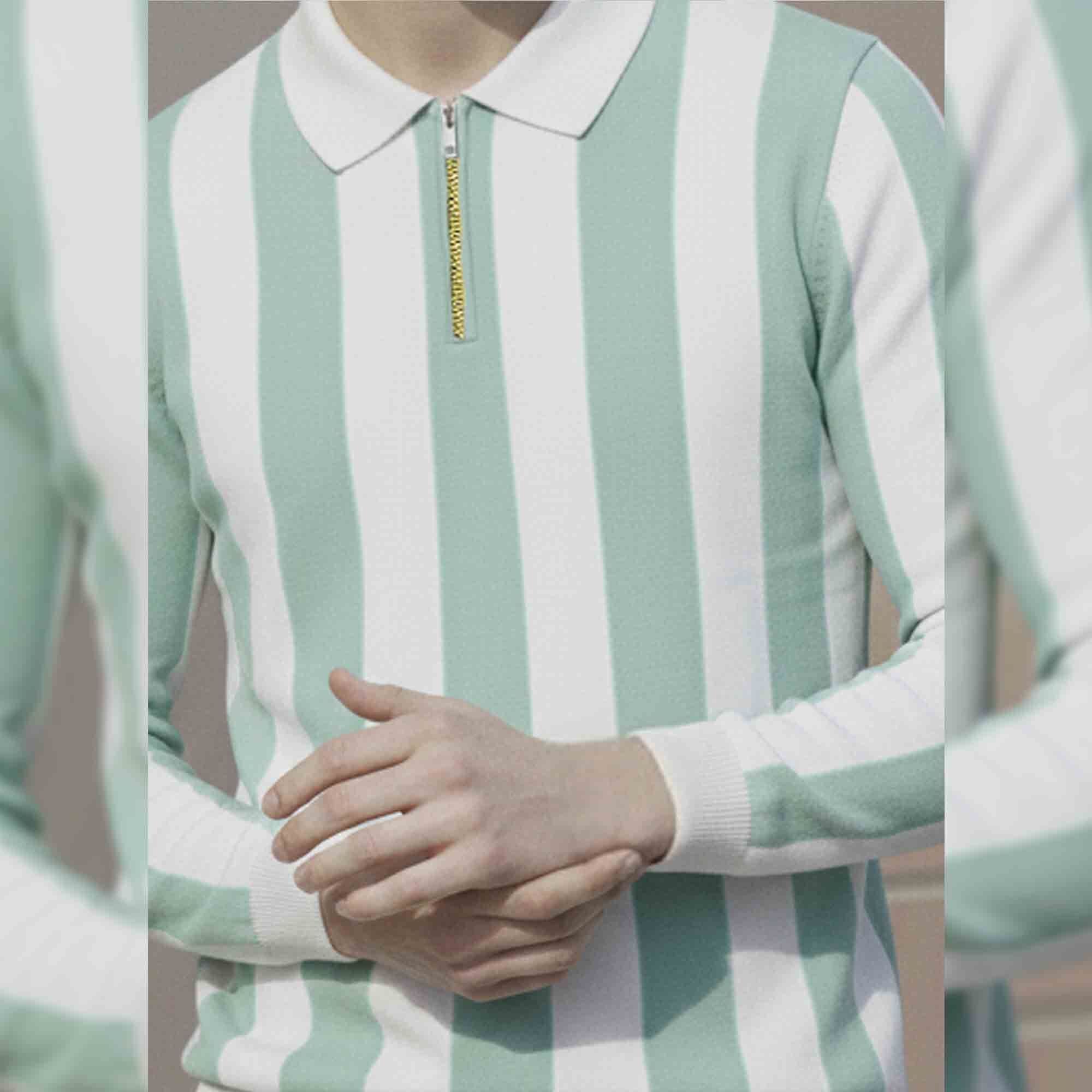 Quarter Zip Striped Polo Neck Full Sleeve Tshirt White & Lightgreen