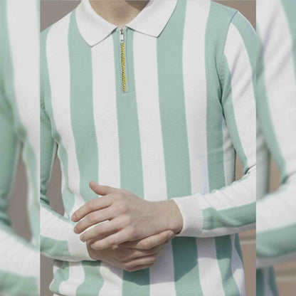 Quarter Zip Striped Polo Neck Full Sleeve Tshirt White & Lightgreen