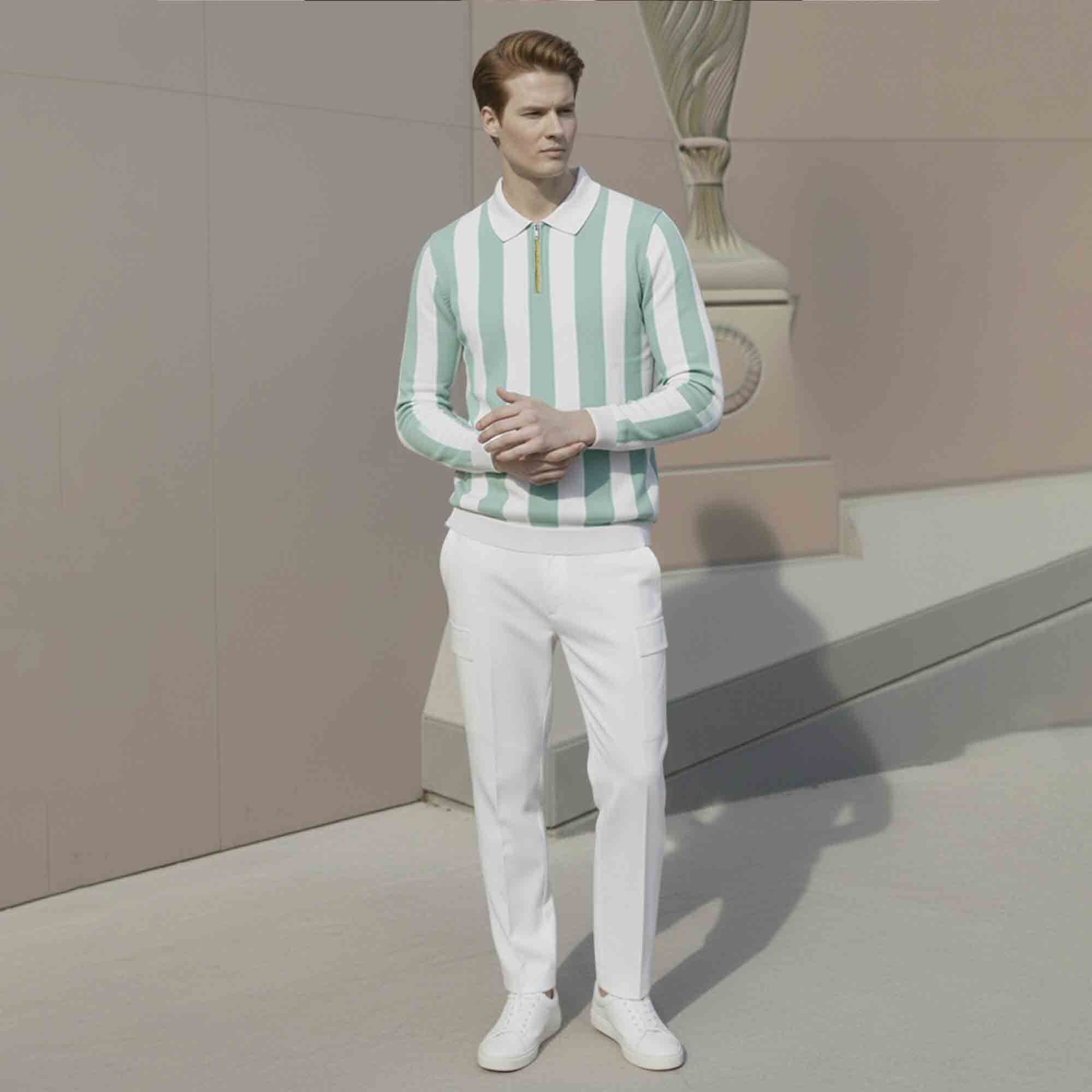 Quarter Zip Striped Polo Neck Full Sleeve Tshirt White & Lightgreen