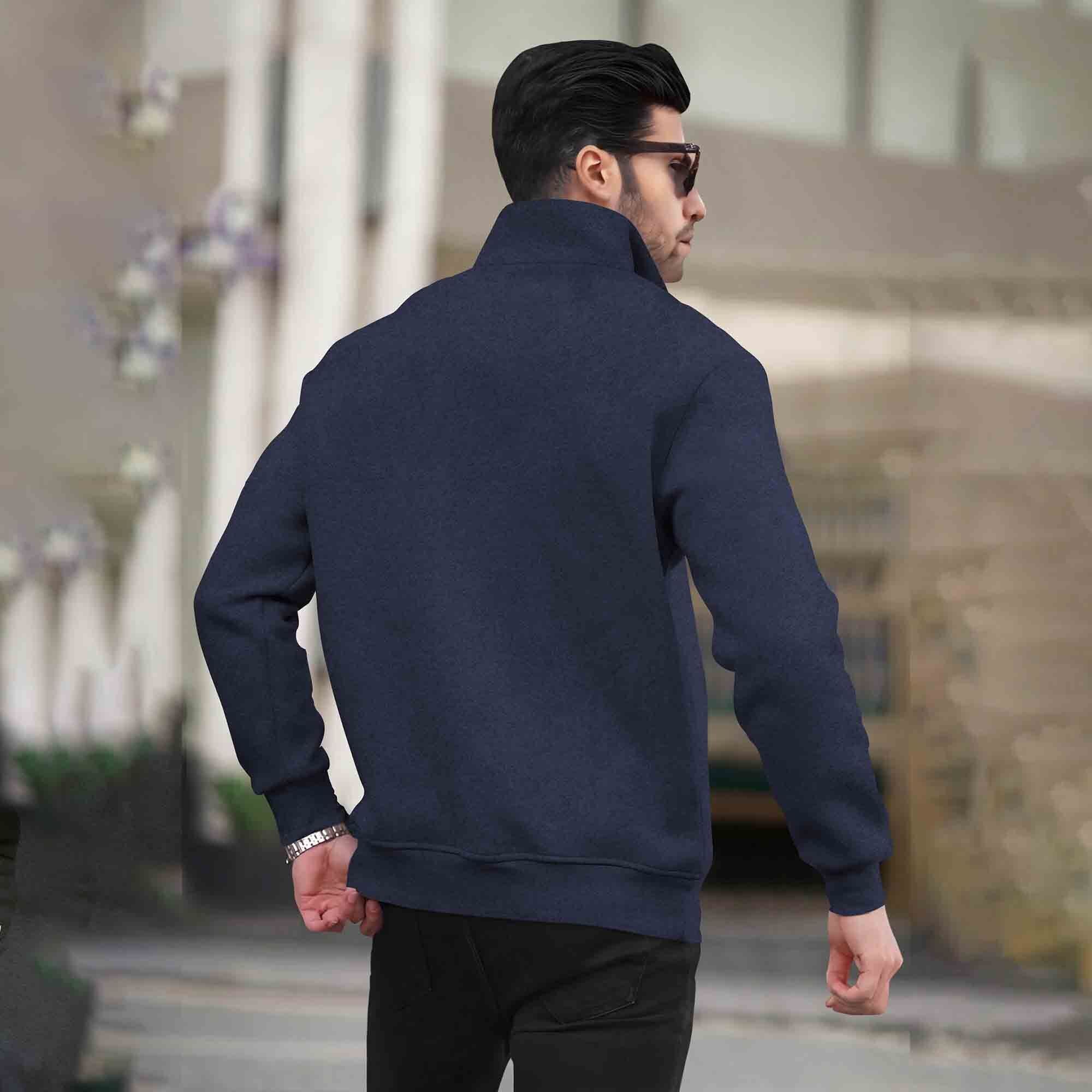 Men Plain Zipper High Neck Casual Sweatshirt Navyblue