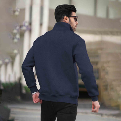 Men Plain Zipper High Neck Casual Sweatshirt Navyblue