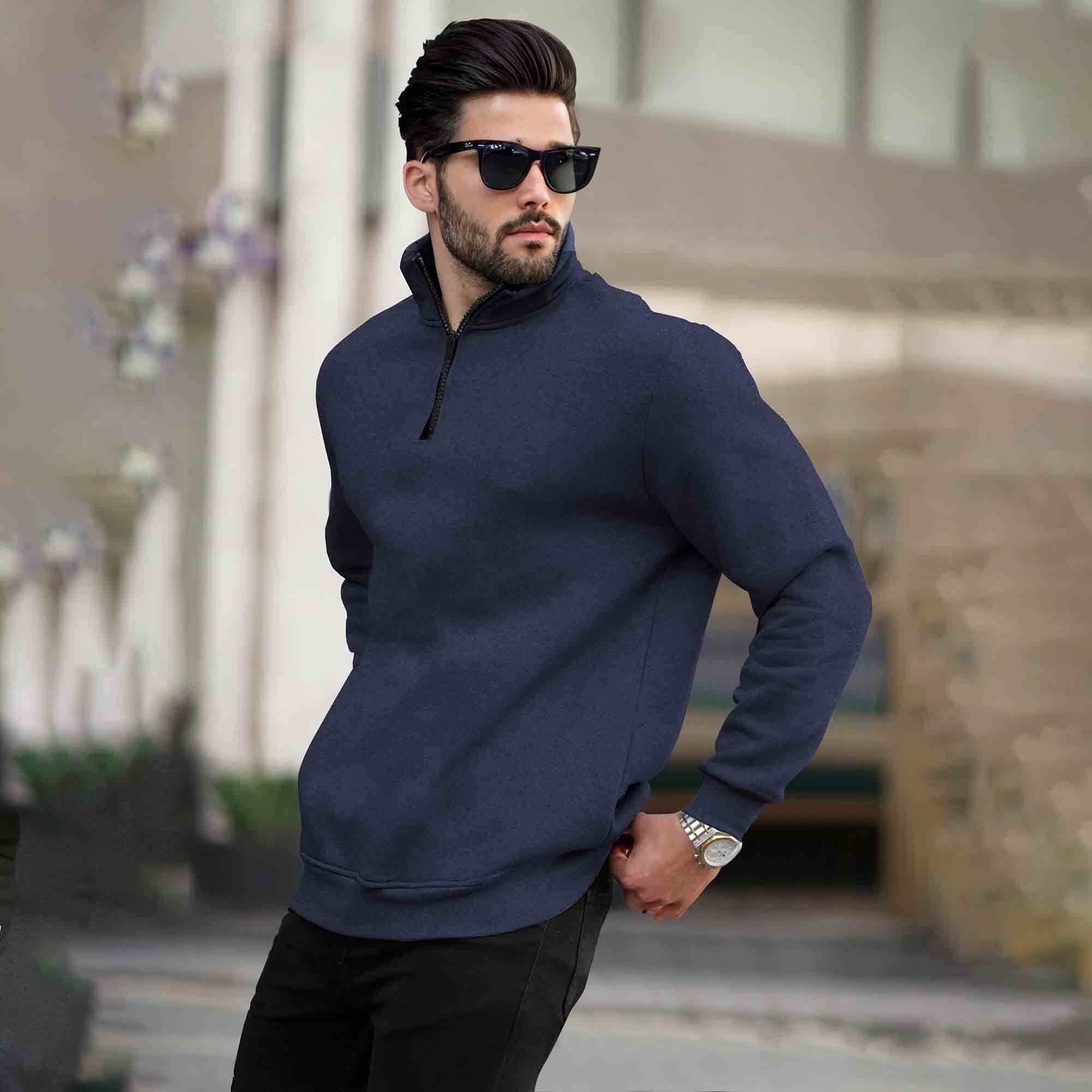Men Plain Zipper High Neck Casual Sweatshirt Navyblue