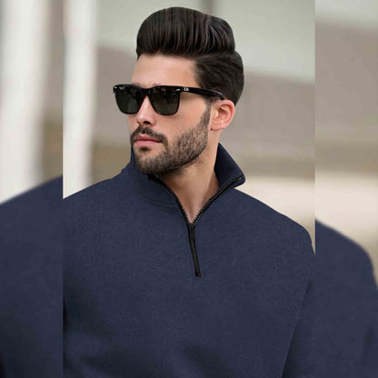 Men Plain Zipper High Neck Casual Sweatshirt Navyblue
