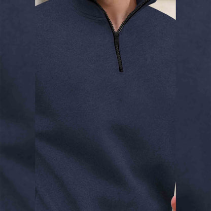 Men Plain Zipper High Neck Casual Sweatshirt Navyblue