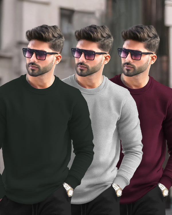 (Pack Of 3) Mens Round Neck Plain Winter Sweatshirt / Multicolour