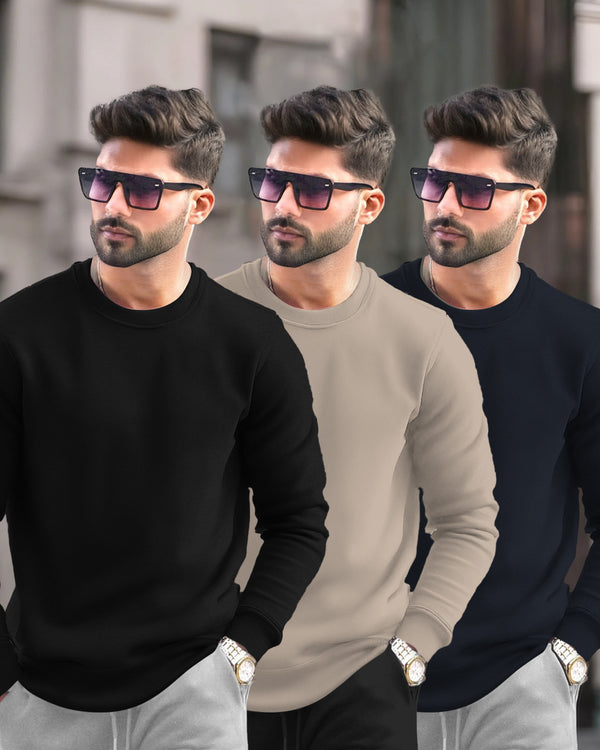 (Pack Of 3) Mens Round Neck Plain Winter Sweatshirt / Multicolour