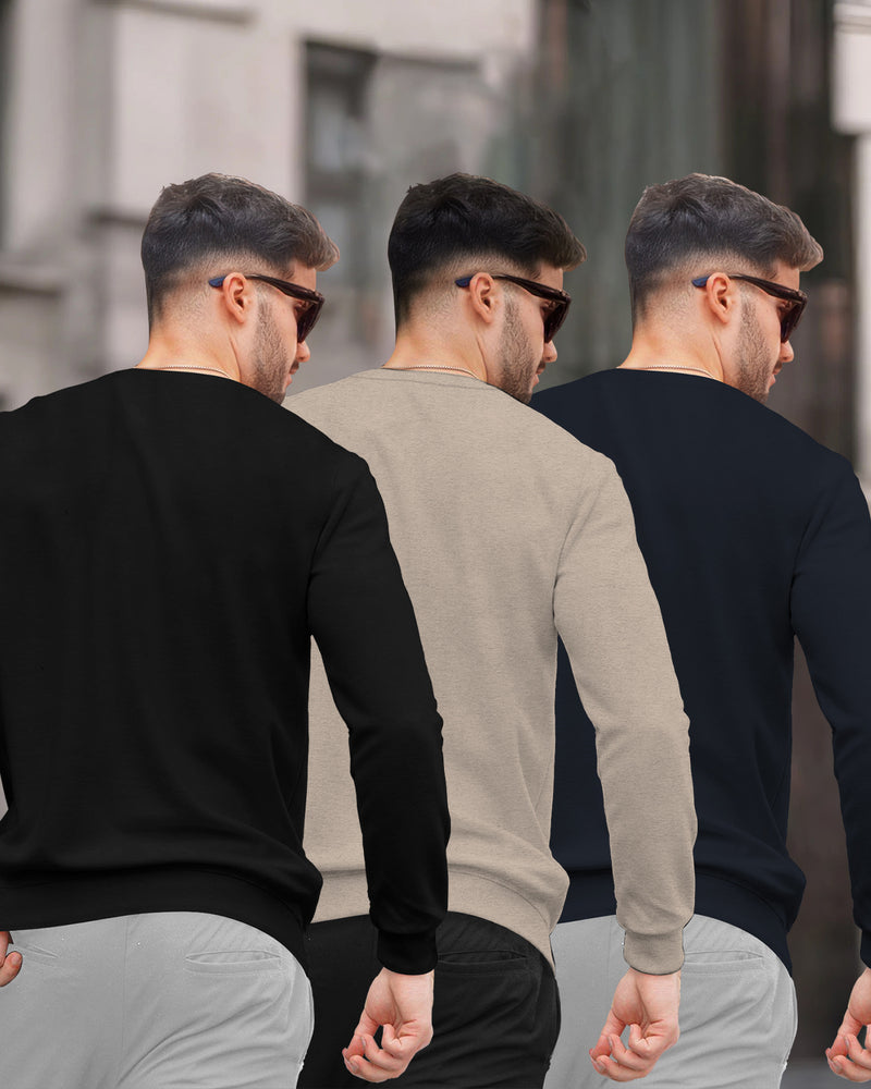 (Pack Of 3) Mens Round Neck Plain Winter Sweatshirt / Multicolour