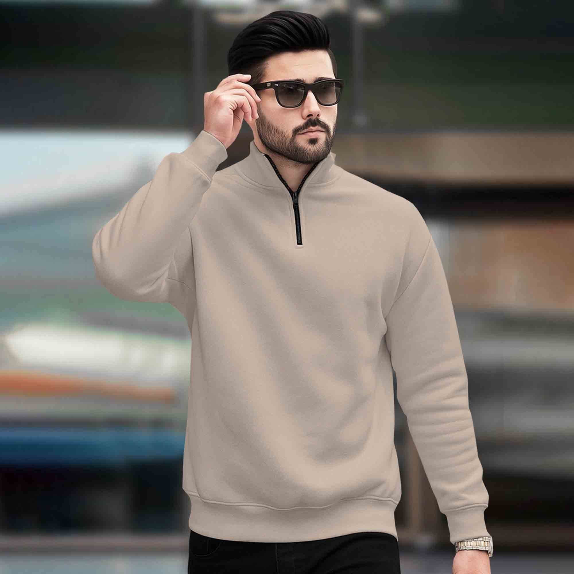 Men Plain Zipper High Neck Casual Sweatshirt Beige
