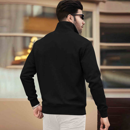 Men Plain Zipper High Neck Casual Sweatshirt / Black