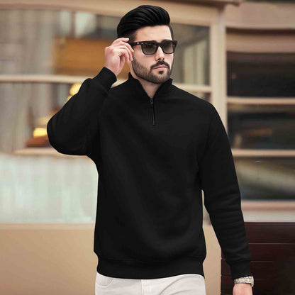 Men Plain Zipper High Neck Casual Sweatshirt / Black